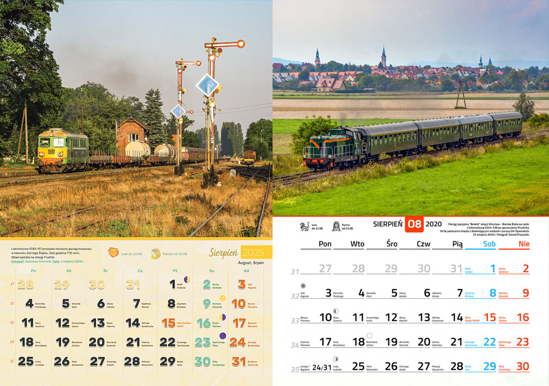 Przykładowe strony kalendarzy z poprzednich lat. Zawsze wzór strony kalendarium jest inny - rysowany od zera